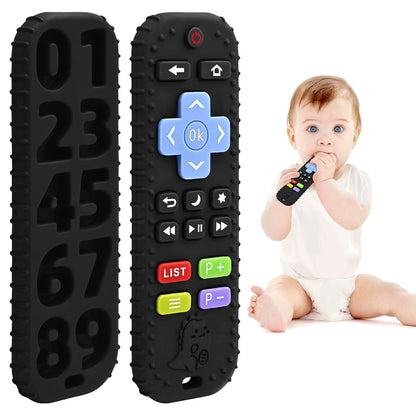 Teething Relief Teethers Toys for Babies 3-6-12 Months Gifts, Food Grade Silicone Sensory Baby Remote Control Teether Bath Toy for Infant Boy Girl Autism Birthday Christmas Gift, Black