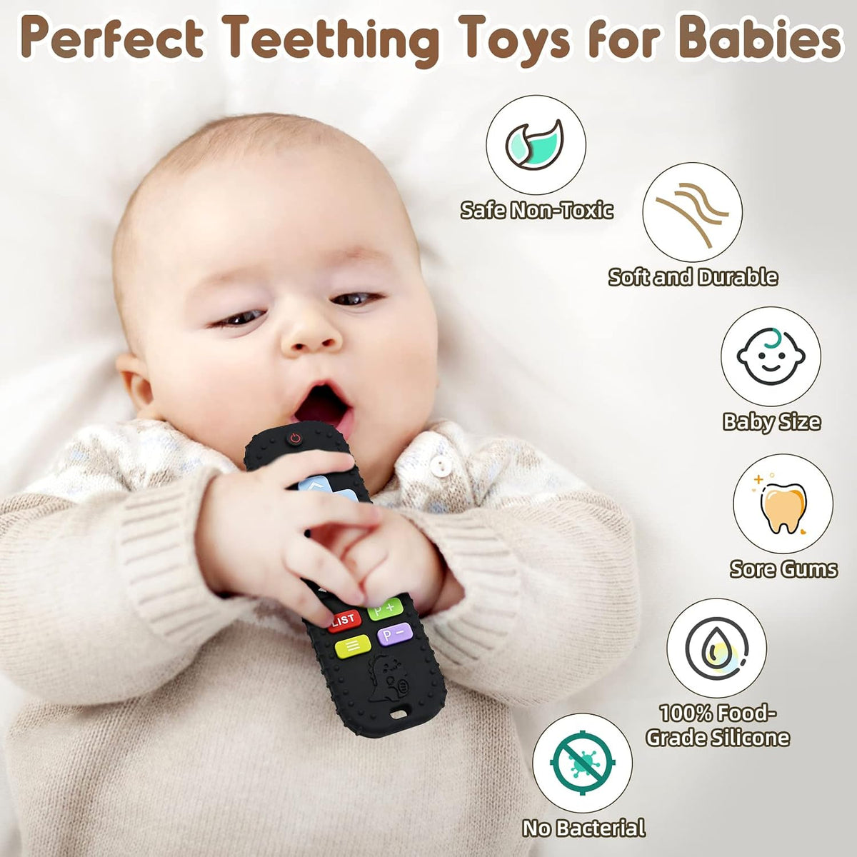 Teething Relief Teethers Toys for Babies 3-6-12 Months Gifts, Food Grade Silicone Sensory Baby Remote Control Teether Bath Toy for Infant Boy Girl Autism Birthday Christmas Gift, Black
