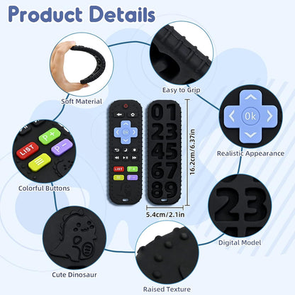 Teething Relief Teethers Toys for Babies 3-6-12 Months Gifts, Food Grade Silicone Sensory Baby Remote Control Teether Bath Toy for Infant Boy Girl Autism Birthday Christmas Gift, Black