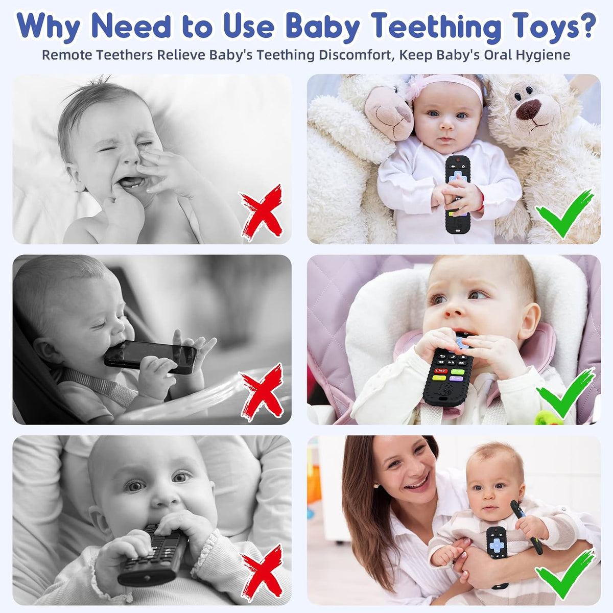 Teething Relief Teethers Toys for Babies 3-6-12 Months Gifts, Food Grade Silicone Sensory Baby Remote Control Teether Bath Toy for Infant Boy Girl Autism Birthday Christmas Gift, Black