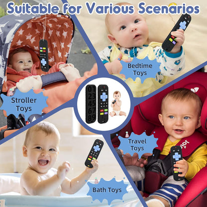 Teething Relief Teethers Toys for Babies 3-6-12 Months Gifts, Food Grade Silicone Sensory Baby Remote Control Teether Bath Toy for Infant Boy Girl Autism Birthday Christmas Gift, Black