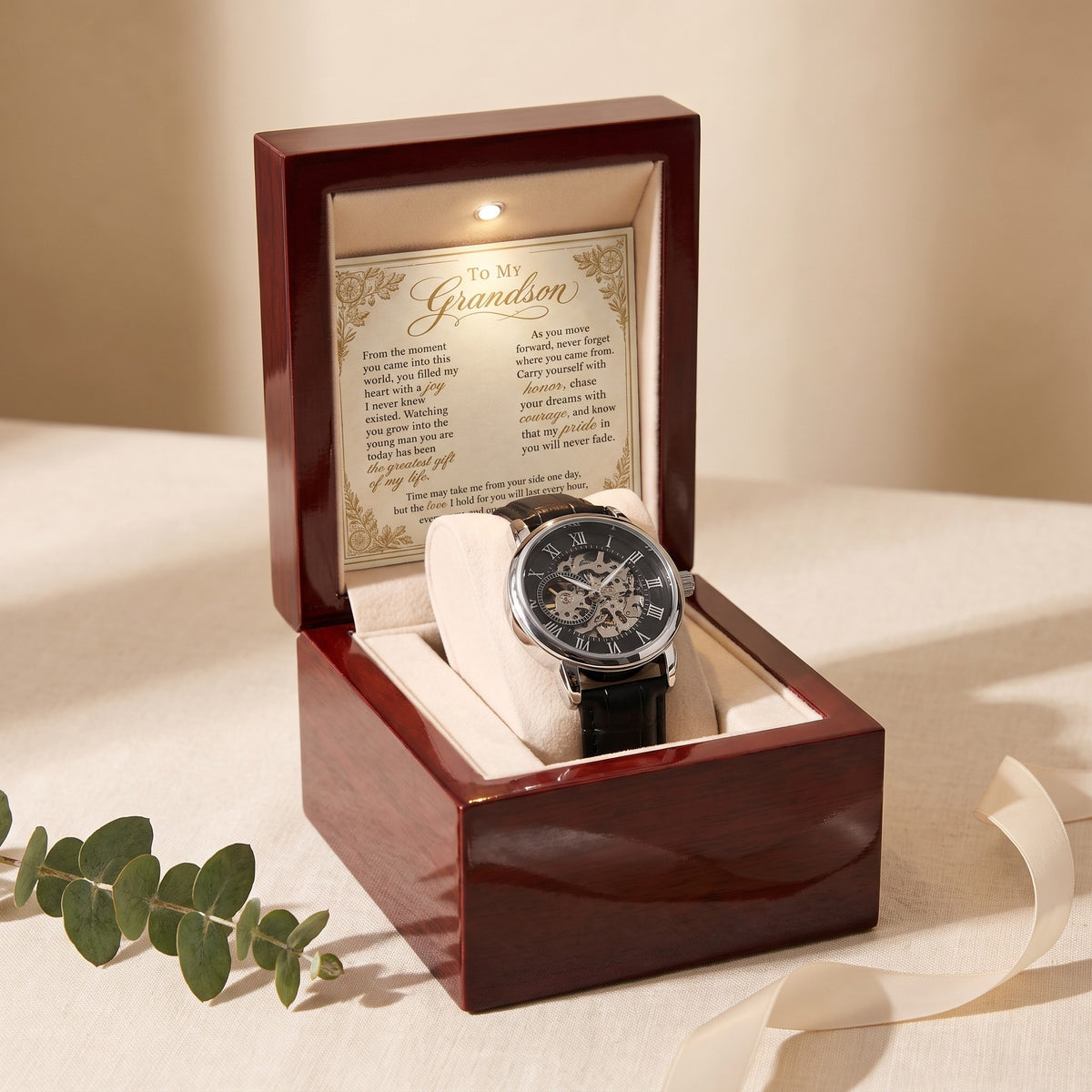 To My Grandson watch and printed card in an open mahogany-style gift box