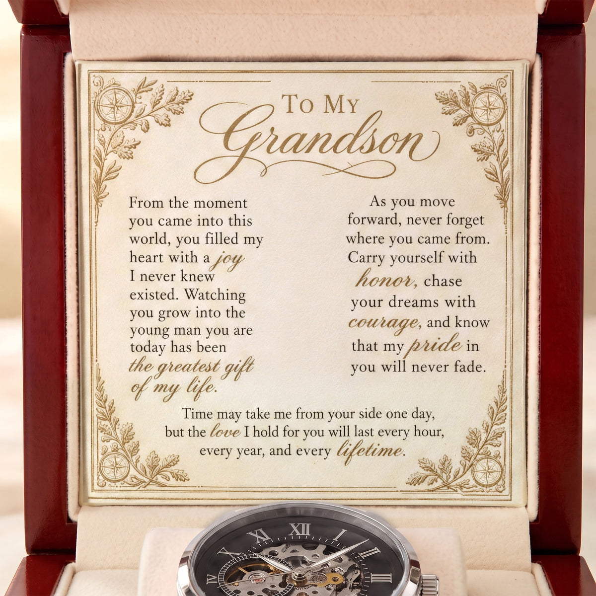 Close-up of the printed To My Grandson card with the full message he will read