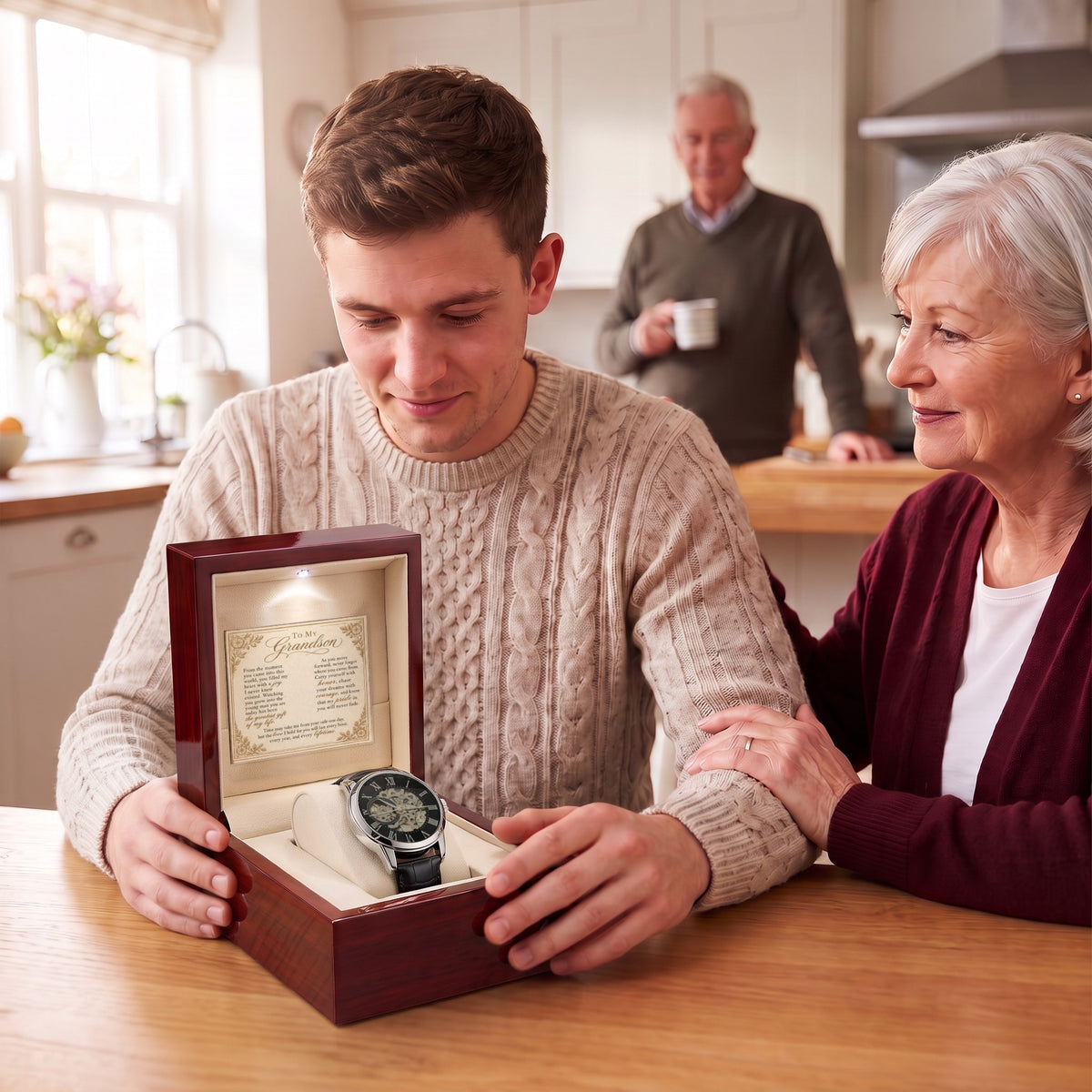 A grandson opening the watch gift box at the kitchen table with his grandmother beside him