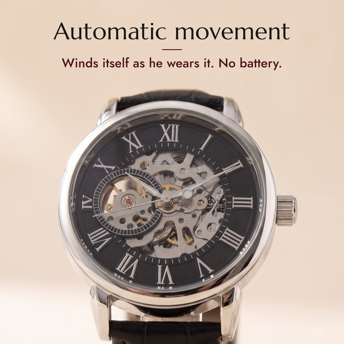 Automatic movement close-up of the skeleton dial: it winds itself as he wears it, no battery
