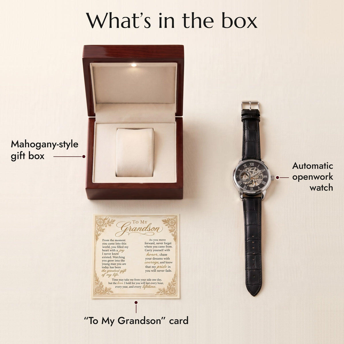What's in the box: automatic openwork watch, To My Grandson card and mahogany-style gift box