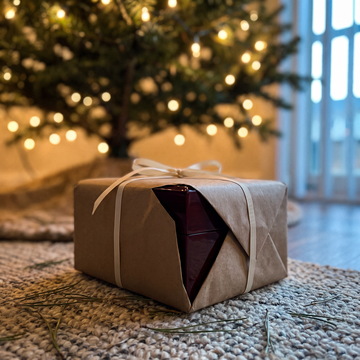The gift wrapped in kraft paper under a lit Christmas tree