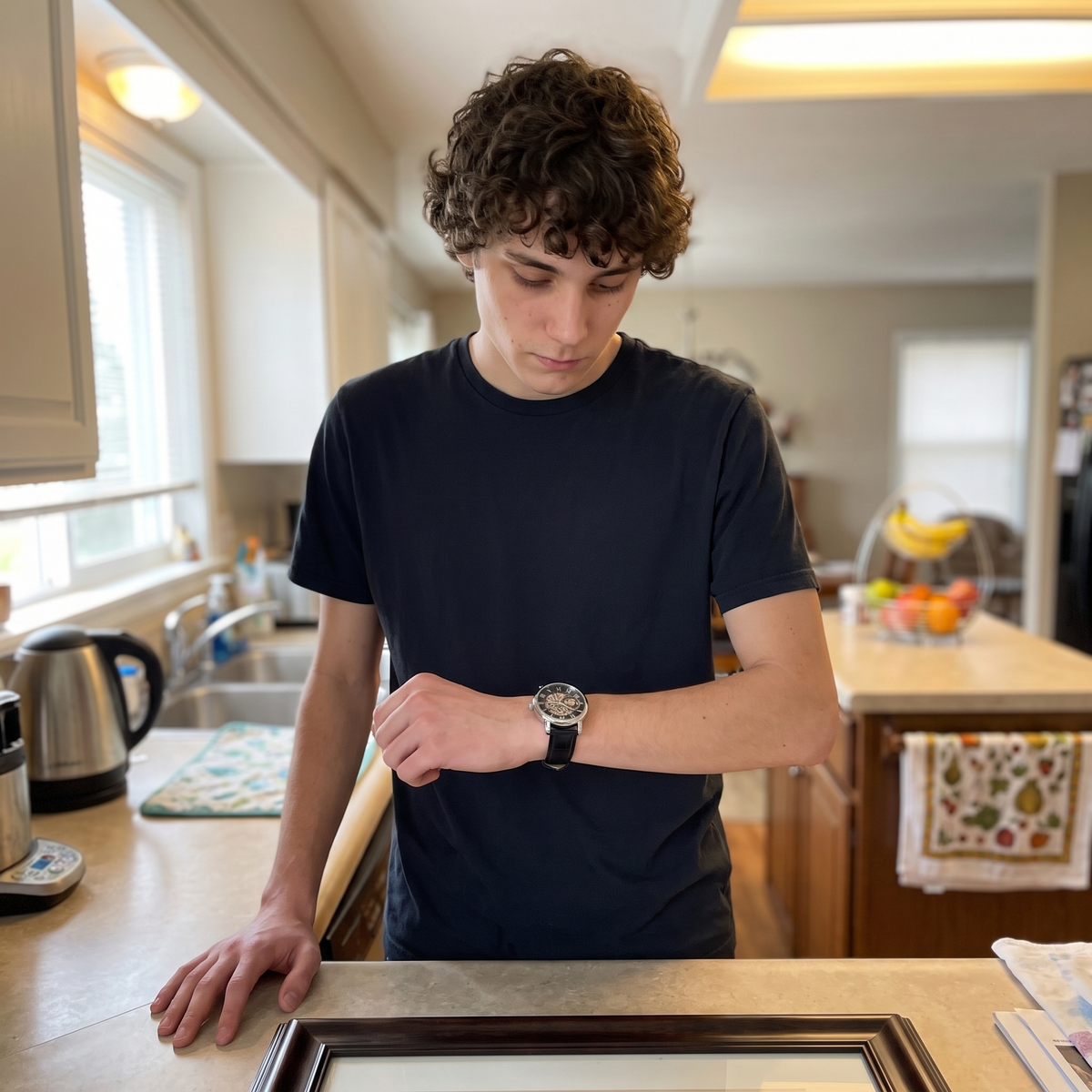A young man in a kitchen looking down at the watch on his wrist