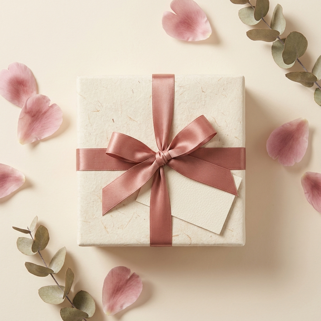 Ivory gift box with antique-rose ribbon and blank note card
