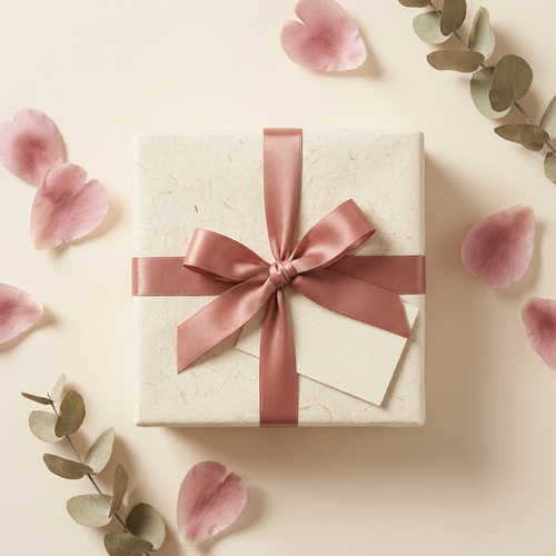 Ivory gift box with antique-rose ribbon and blank note card